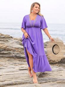 Rusttydustty 波西米亚风紫色丝带V领连衣裙休闲派对海边度假音乐节 - 紫色 - 查看 8