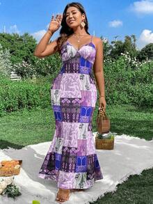 Flirla Plus Size Nữ Vintage & Thanh Lịch In Hoa Hở Lưng Spaghetti Dây Nàng Tiên Cá Viền Kỳ Nghỉ Hè Đầm - Màu tím - Xem 3