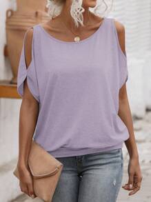 SHEIN LUNE Women's Summer Solid Color Round Neck Cold Shoulder Short Sleeve Casual T-Shirt