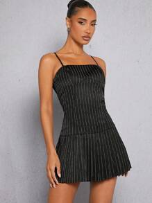 Hauture Pinstripe Contrast Waist Split Dress - Multicolor - View 3