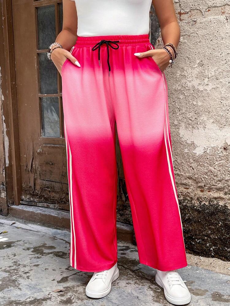 Plus Size Women's Gradient Color Side Striped Drawstring Waist Casual Sweatpants Fall Cloth For Women
