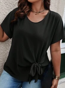 EMERY ROSE 加大尺碼純色圓領打結前衣 - 黑色 - 查看 1