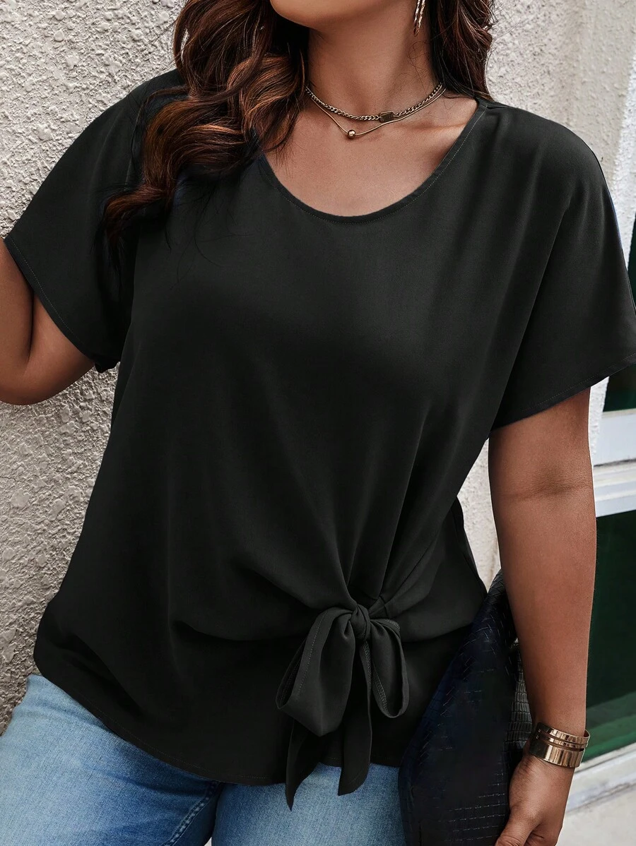 EMERY ROSE 加大尺碼純色圓領打結前衣 - 黑色 - 查看 1