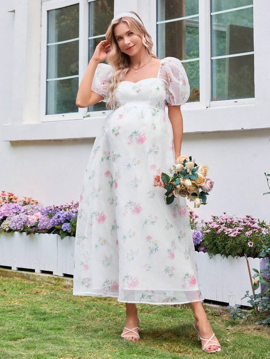 SHEIN 孕妇浪漫花园甜心领泡泡袖中长连衣裙 - 白色 - 查看 1