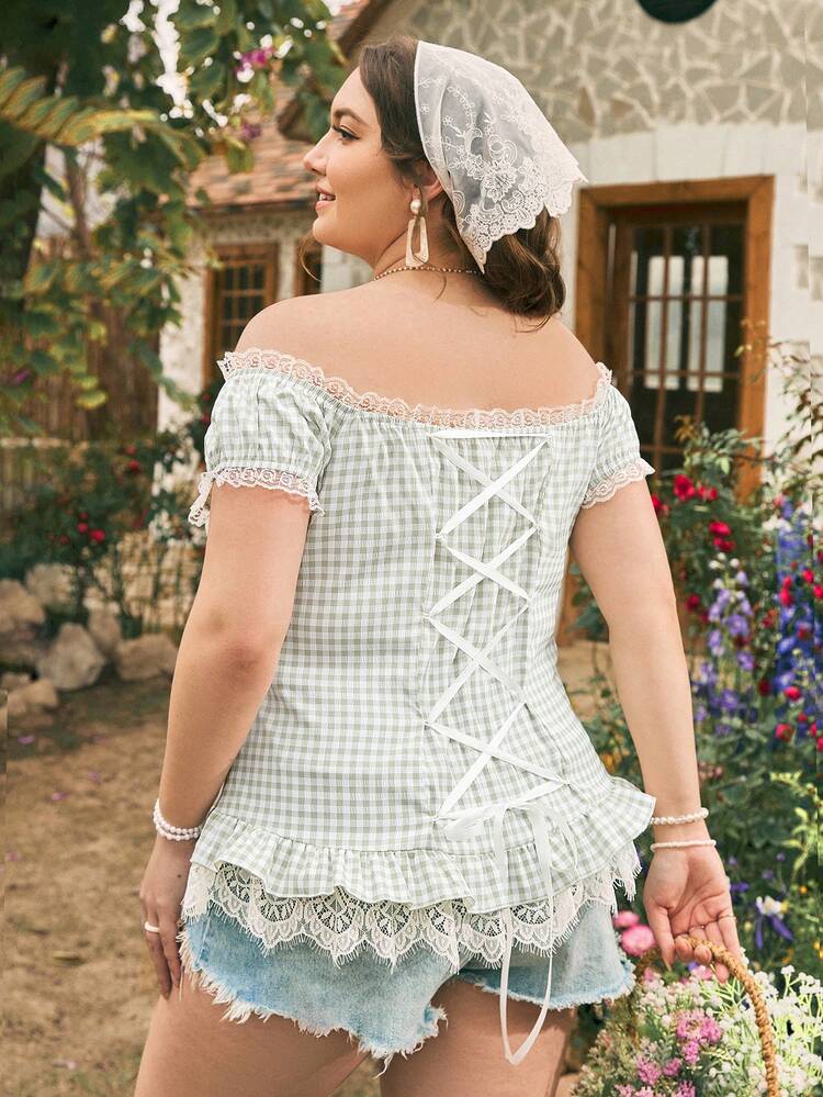 Plus Size Summer Vacation Romantic Plaid Lace Trim Back Tie Blouse With Flower Border Beach Essentials   Beach Women Dresses Best Sellers Camo  Babydoll   Green Prom Dress Funny Shirts Picnic Country Shirts   Country Festival Outfits Country Concert Going Out Tops Women Shirts Short Summer Dress
 Cute Summer Dresses