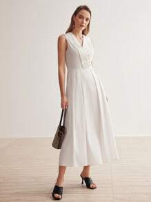 MOTF PREMIUM Dệt Của phụ nữ Cổ chữ V Xếp nếp Đầm - trắng - Xem 9