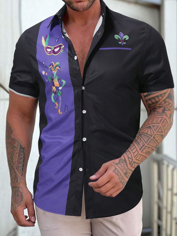 Men's Cartoon Printed Color Block Short Sleeve Shirt For Daily Wear, Suitable For Spring & Summer