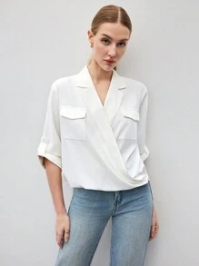 BizChic Women's Casual White V-Neck Rolled Sleeve Loose Fit Summer Blouse - White - View 6