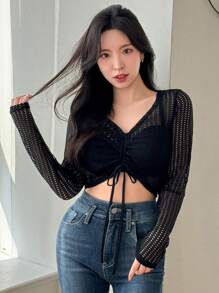 Dazy Designer 春夏短袖女式透视网眼短款上衣，V 领和系带外出上衣，节日透明，返校服装长袖女式上衣 - 黑色 - 查看 2