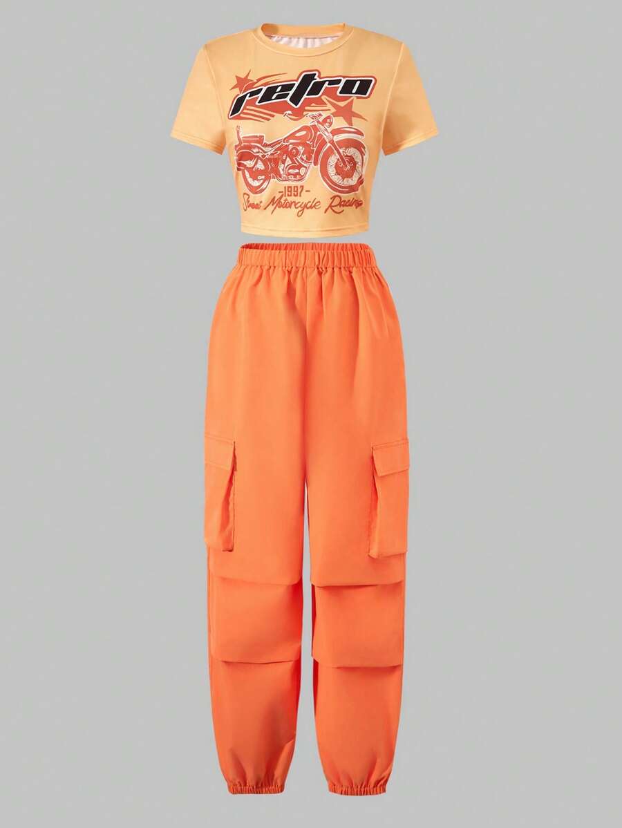 SHEIN Explorewe 青少女短袖印花上衣加實色貨物褲2件套裝，春夏季