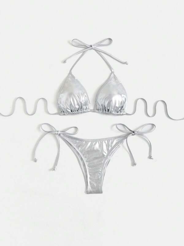 Swim EVENT Women's Summer Beach Metallic Halter Bikini Set