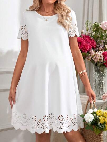 SHEIN Maternity Casual Elegant Romantic Gender Reveal Party Round Neck Patchwork Loose Dress With Burn-Out Design