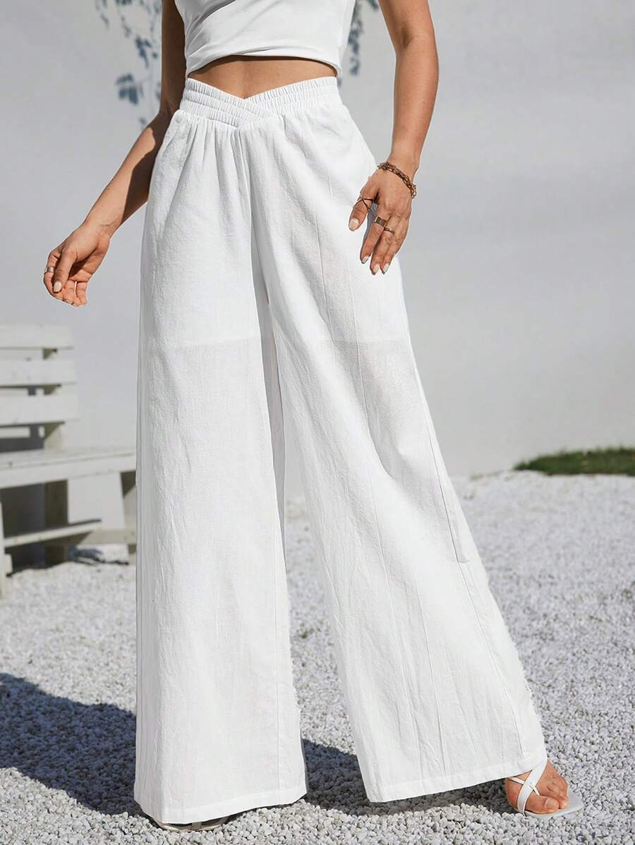 SHEIN Essnce 白色女士套裝寬鬆高腰寬鬆女褲休閒褲亞麻褲 - 白色 - 查看 1