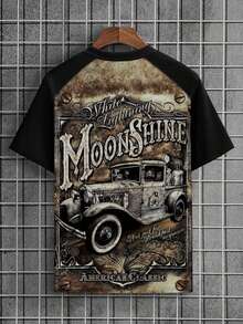 Herren Mode Lässig Raglan Ärmel Retro Bedrucktes Slim Fit T-Shirt - Schwarz - Übersicht 2