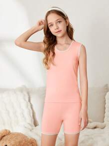 Tween Girl Contrast Trim Round Neck Top And Shorts Casual Underwear Set