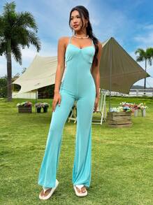 SHEIN Unity Của phụ nữ Màu thuần Dây đeo Áo liền quần ngắn - Màu xanh lam - Xem 7