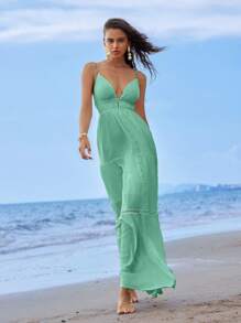 Anewsta Lãng mạn Bên bờ biển Phong cách , Thanh lịch Và Thoải mái Lady Đầm Với Xếp , Cổ chữ V Và Hollow-out - Màu xanh Bạc hà - Xem 7