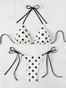 Swim Mod 2026 Spring/Summer Women's Spaghetti Strap Halter Neck White Base Black Polka Dot Random Print Sweet Cute Side Tie Bikini Two Pieces Swimsuit - Black and White - View 6