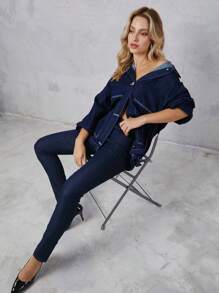 SHEIN Túi nghiêng Thả vai Áo khoác denim - Rửa tối - Xem 4