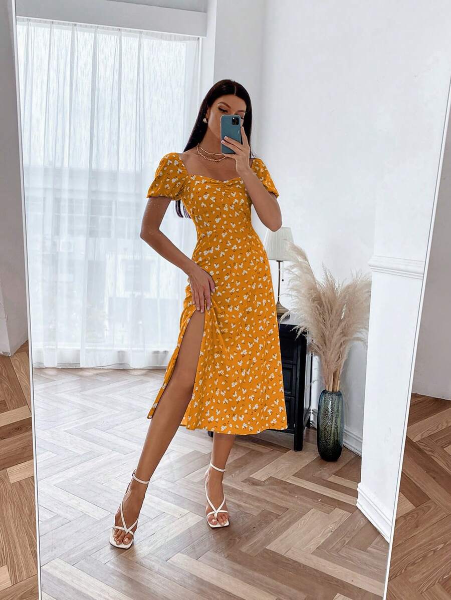 GENKIRA Váy ngắn tay xẻ cao in hoa bong bóng cho nữ - trái cam - Xem 1