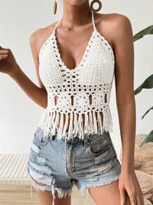 Breezaya Women's Fashionable Crochet Knit Top For Vacation - White - View 5