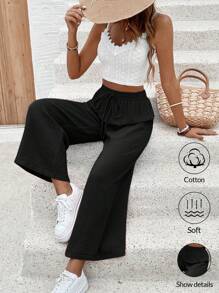SHEIN Frenchy Lace Schiffy Splice Cami Top And Drawstring Waist Wide Leg Pants Set Summer Black - Black - View 1