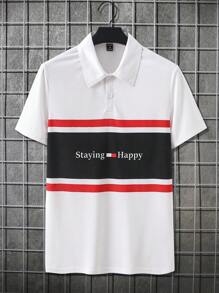 Manfinity Homme Men's Letter Print Color Block Polo Shirt - White - View 7