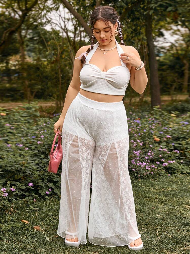 Lace Spliced Polka Dot Sheer Plus Size Wide Leg Pants With Slit For Women