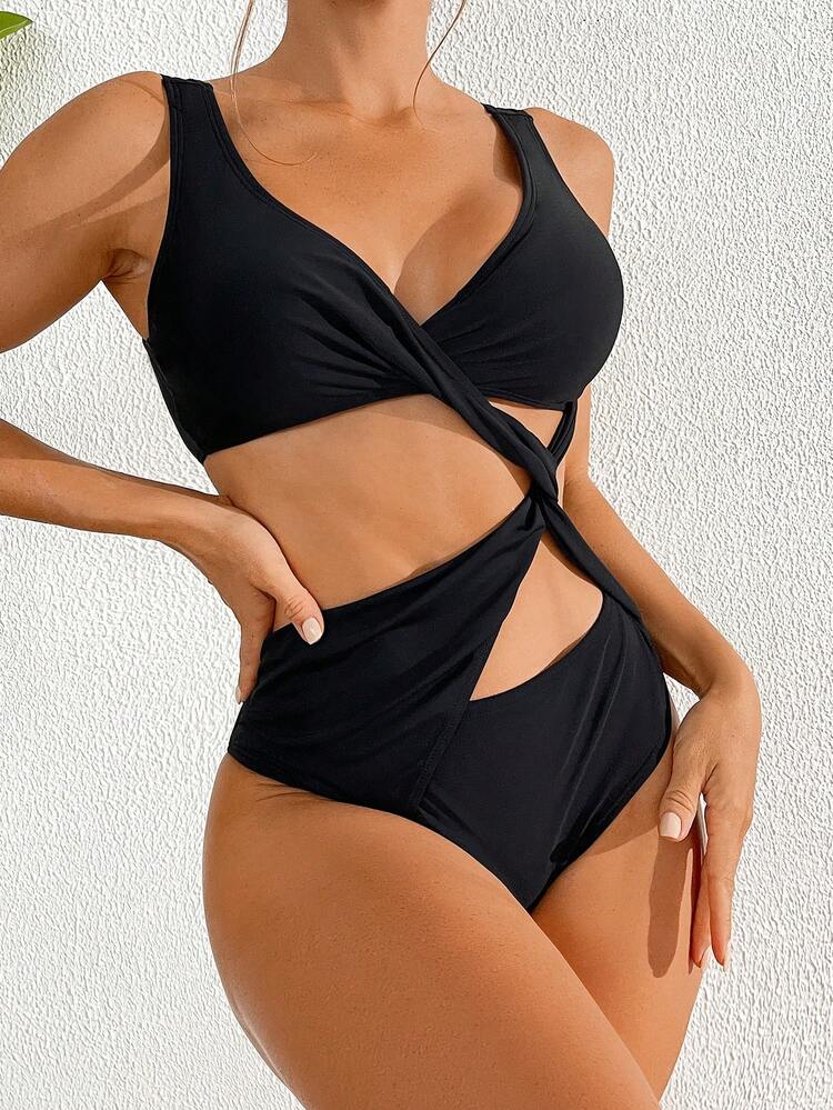 Ladies' Solid Color Hollow Out One-Piece Swimsuit, Suitable For Summer