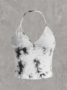 SHEIN EZwear Top De Halter Con Pliegues Con Estampado Tie Dye, Espalda Abierta Y Escote De Amarre