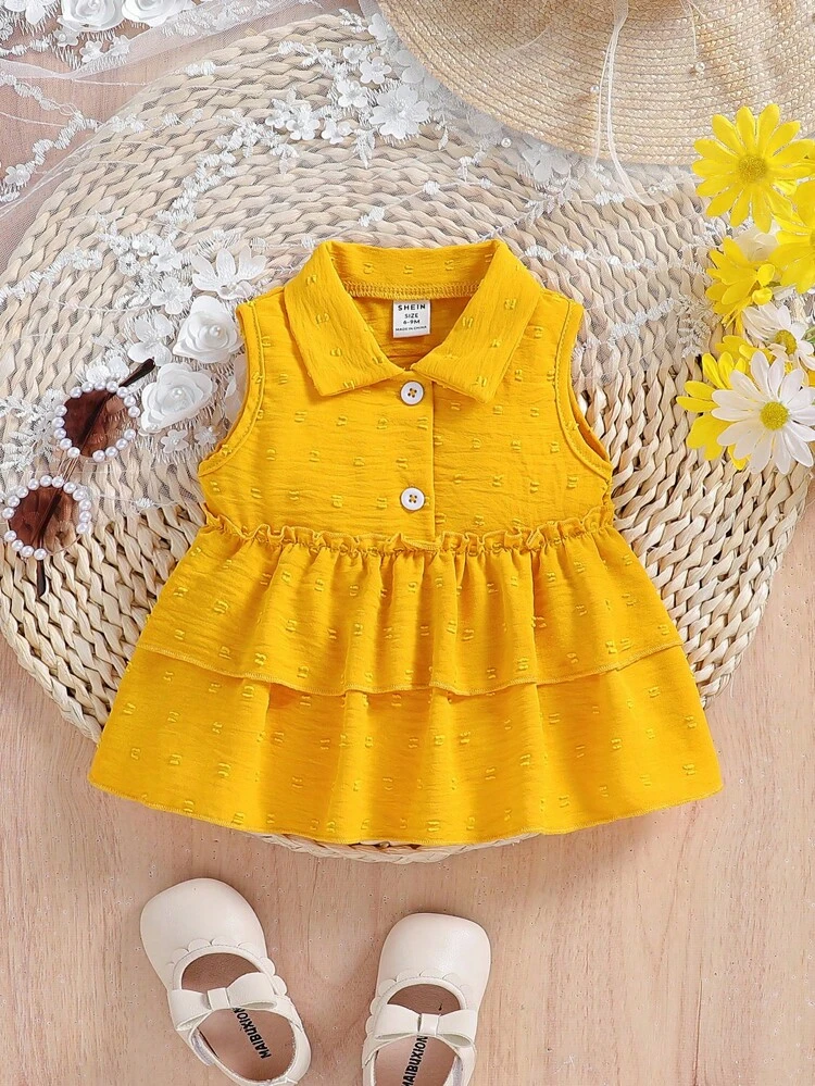 Baby Girl Summer Casual Swiss Dot Halter Top With Ruffle Hem, Sleeveless