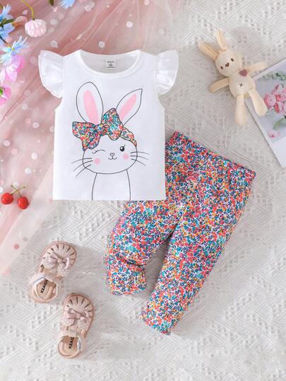 SHEIN Vintaside Kids 2pcs/Set Baby Girl Easter Rabbit Flutter Sleeve Top And Floral Pants Set For Summer