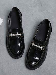 青少年休闲平底一脚蹬乐福鞋，亮面英伦风圆头 - 黑色 - 查看 3