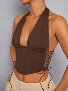 Hauture Lace Up Corset Halter Tie Crop Top - Brown - View 5