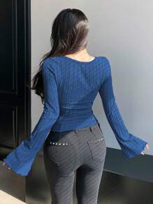 DAZY Spring Slim Fit Flared Sleeve T-Shirt With Textured Stripes