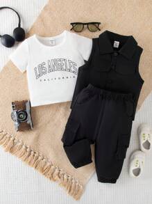 寶寶男孩酷炫運動3入組簡單字母印花短袖t恤、背心和夏季運動褲 - 黑色 - 查看 3