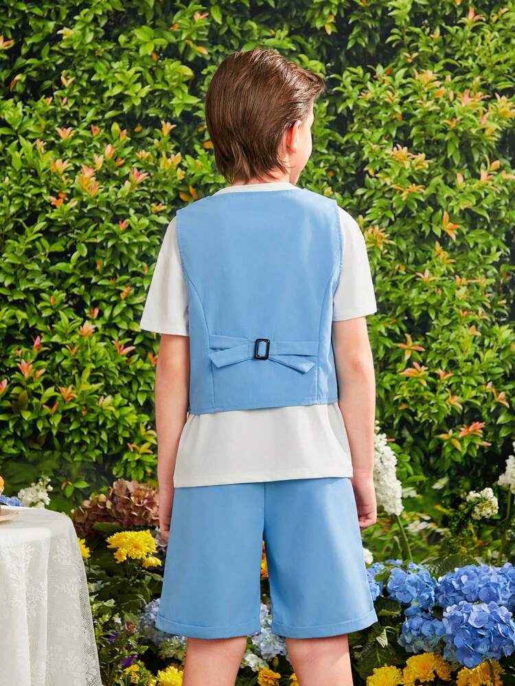 3pcs Tween Boys' Casual Sleeveless Vest, Short Sleeve T-Shirt, And Shorts Set