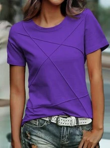 SHEIN LUNE 女款夏季短袖分裂設計圓領休閒t恤 - 紫色 - 查看 3