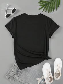 SHEIN EZwear 女士夏季棕櫚樹和字母印花圓領短袖休閒t卹 - 黑色 - 查看 3