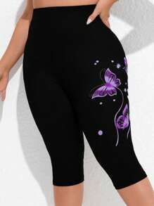 SHEIN LUNE Plus Size Butterfly Printed Leggings, Spring And Summer - Multicolor - View 4