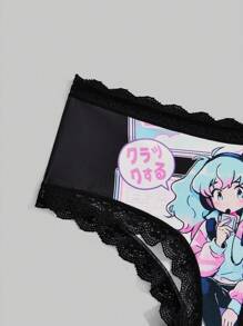 ROMWE 3pcs/Set Japanese Anime Printed Lace Trimmed Triangle Panties - Multicolor - View 4