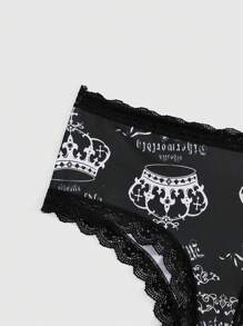 ROMWE Kawaii 3入組蕾絲邊皇冠和蝴蝶結圖案印花三角褲 - 彩色 - 查看 4