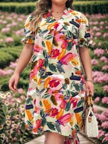 EMERY ROSE Plus Size Women's Puff Sleeve Floral Print Dress For Summer,Beach Dress Sundress,Holiday Outfits Boho