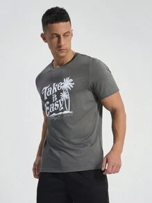 Manfinity Sport Corelite 男友风男士夏季休闲运动圆领棕榈树图案 T 恤