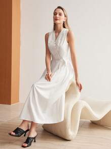 MOTF PREMIUM Dệt Của phụ nữ Cổ chữ V Xếp nếp Đầm - trắng - Xem 5