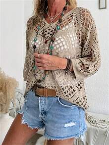 Áo len tay cánh dơi khoét lỗ hình kim cương cổ chữ V mùa xuân/hè cỡ lớn cho nữ - Màu Khaki - Xem 4