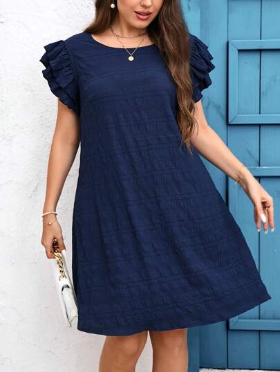 SHEIN Clasi Plus Size Summer Casual Two-Layer Ruffle Sleeve Texture Bodycon Dress