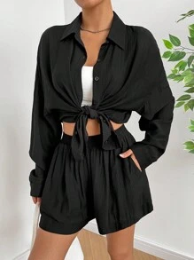 SHEIN EZwear Của phụ nữ mỏng Áo sơ mi 2 cái/bộ - màu đen - Xem 3