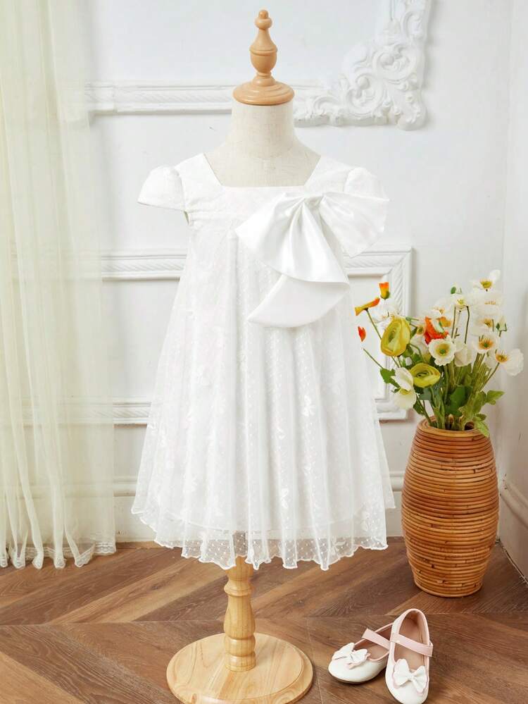 Young Girl's Gorgeous  Solid Color Lace Short Sleeve Dress With Bowknot