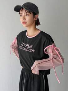 FRIFUL 女士夏季短袖休闲T恤，带字母印花和领带细节，FLY HIGH JOYFUL MELODY，女士短款上衣，图案T恤 - 黑色 - 查看 7